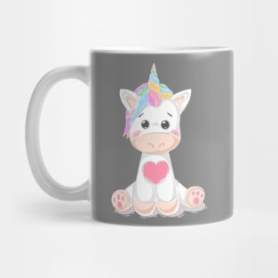 Cute Little Unicorn With Heart, Line Drawing White, Pink, Purple, Green & Yellow Mug